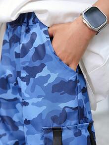 SHEIN Boys' Camouflage Printed Drawstring Waist Jogger Pants With Pockets, Summer - Navy Blue - View 3