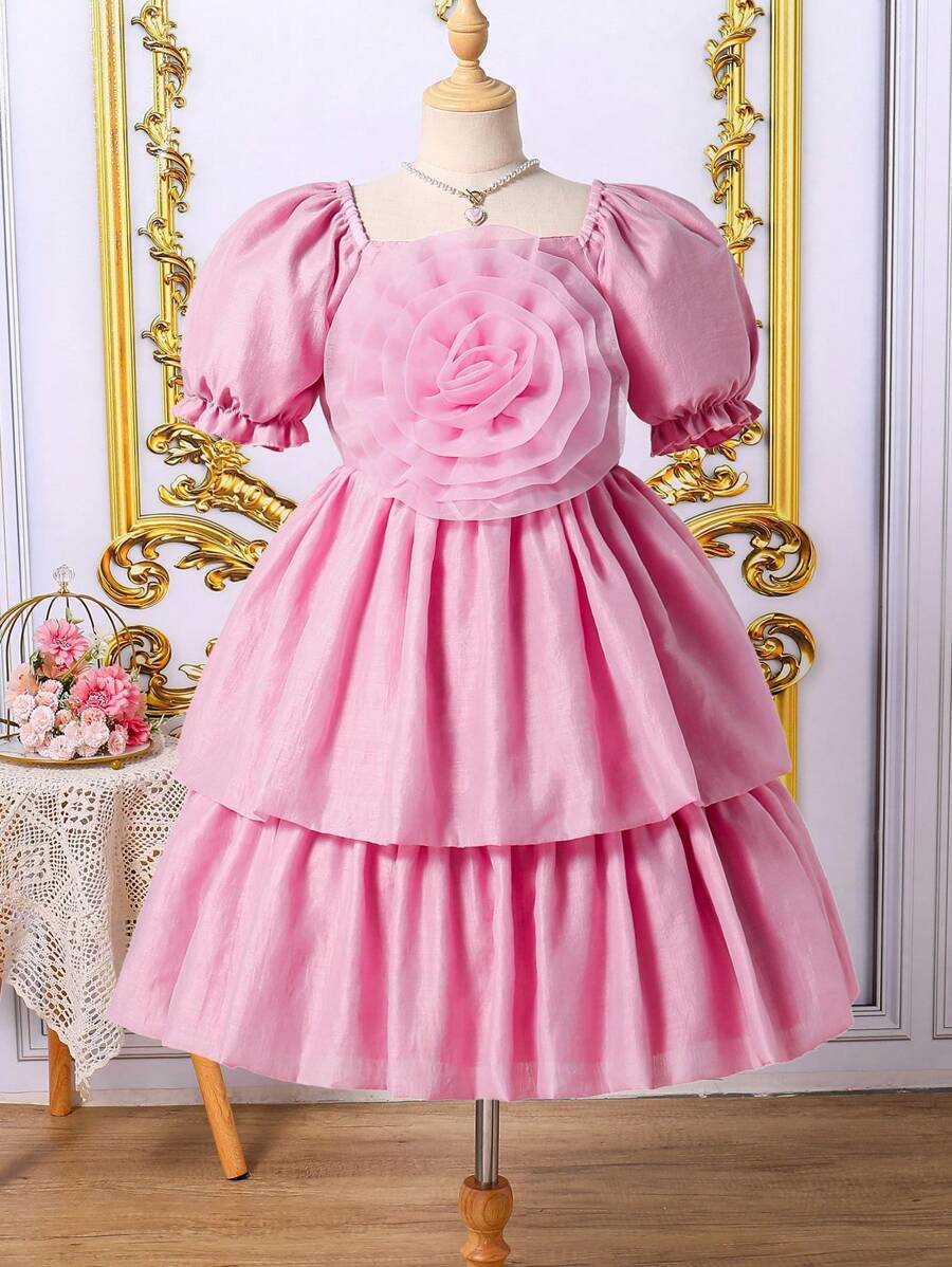 Tween Girls Solid Color Short Sleeve Dress With 3D Flower Puff Sleeves, Summer - Pink - View 1