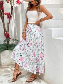 Chiquease Falda de talle alto con decoración de lazo y estampado floral para vacaciones, conjunto de ropa de mujer