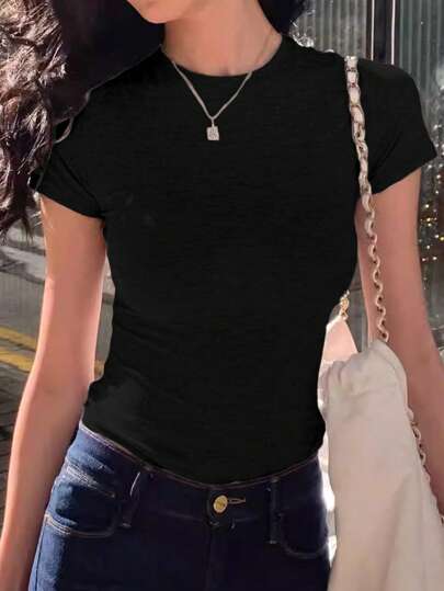 INAWLY 女士夏季純色圓領短袖休閒T恤