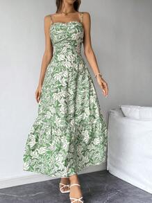 SHEIN Privé Robe d'été pour femmes, décontractée imprimée de plantes avec bretelles spaghetti