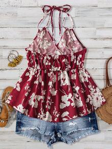 SHEIN LUNE 加大尺碼女士假期雙肩頸花卉印花綁帶無袖上衣