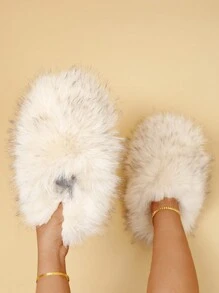 Fall/Winter Plus Size Fluffy Slippers For Women, Spring Faux Thermal Lined Indoor Home Quiet Warm Slippers, Fashion Half-Covered Outdoor Slippers - White - View 2