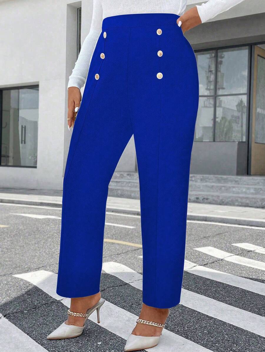 SHEIN Unity 大码女式金属纽扣装饰锥形日常通勤裤休闲裤女式高腰蓝色裤子高腰裤宝蓝色女装 - 寶藍色 - 查看 1