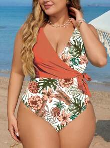 Swim Lushoire Maillot de bain simple à imprimé unicolore et patchwork pour femmes grande taille, pour tous les jours en été - Multicolore - Voir 5