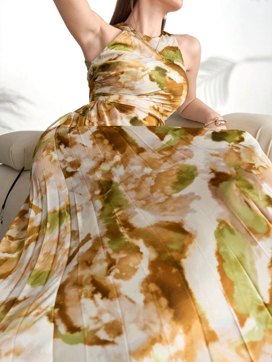 Modelyn Women's Random Print Open Shoulder Simple Daily Dress Long Evening Dresses