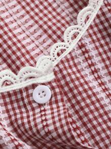 DAZY 女士夏季休闲格子泡泡袖衬衫、短袖上衣 - 紅色 - 查看 10