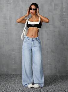 SHEIN ICON Women's Loose And Casual Wide Leg Denim Pants With Pockets