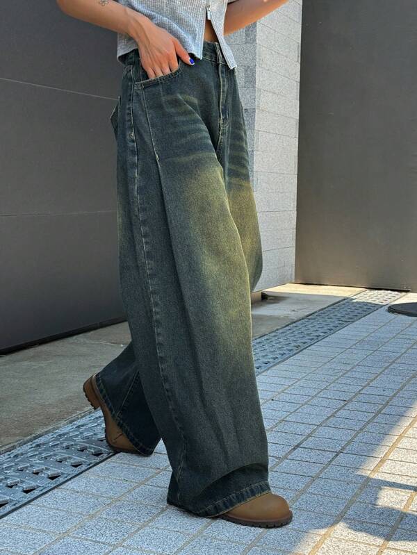 DAZY Ladies Wide Leg Jeans With Fading And Distressing,Baggy Jeans