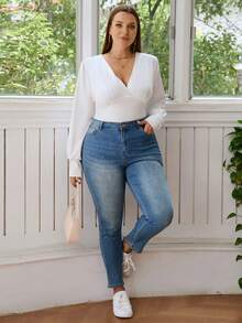 SHEIN Essnce Plus Size Ruched V-Neck Bodysuit, Slim Fit - White - View 6