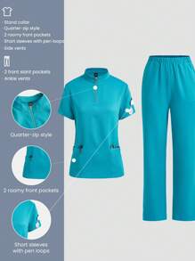 TaskEZ 女式薄荷藍護士制服套裝，包括2個口袋拉鍊外科上衣和2個口袋束口口袋外科褲，護士服套裝 - 薄荷藍 - 查看 4