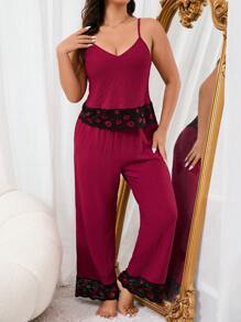 Plus Size Lip Lace Splicing Bubble Fabric Suit - Burgundy - View 4