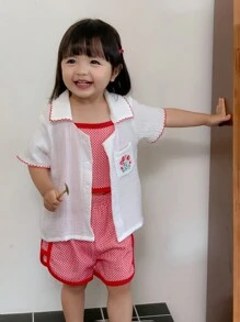 SHEIN 3pcs/Set Baby Girls' Cute Embroidered Shirt, Plaid Tank Top And Shorts Set, Suitable For  In Spring/Summer - Red - View 3
