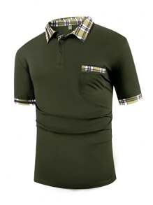 Manfinity Homme Men's Casual Plaid Patchwork Short Sleeve Polo Shirt, Summer