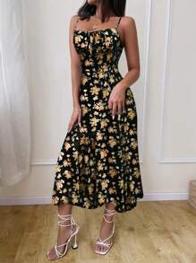 Pariaura 女士优雅前系带碎花连衣裙长款女装 - 黑色 - 查看 3