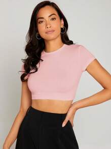 SHEIN BASICS 女性夏季純色圓領短袖短版修身T恤 - 粉色 - 查看 5