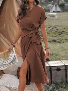 Breezaya 女式夏季纯色重叠 V 领蝙蝠袖短袖腰系带优雅连衣裙长款度假海滩装 - 棕色 - 查看 4