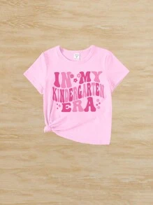 SHEIN Young Girl Casual Flower & Letter Slogan Printed Short Sleeve T-Shirt
