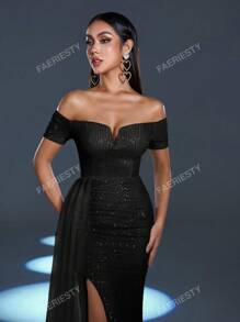 Faeriesty Faeriesty Stunning Shimmering Sequined Gown With Off-Shoulder Short Sleeves & High Thigh Slit – Elegant Romantic Prom Dress For Weddings, Parties & Events (Spring/Summer Glam, Flowing Tulle Side Panels, Captivating Red Rose Accents