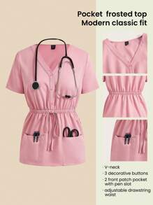 TaskEZ 女士啞面上衣-粉色V領啞面上衣，短袖V領護士制服，帶2個口袋的現代剪裁啞面上衣 - 粉色 - 查看 4
