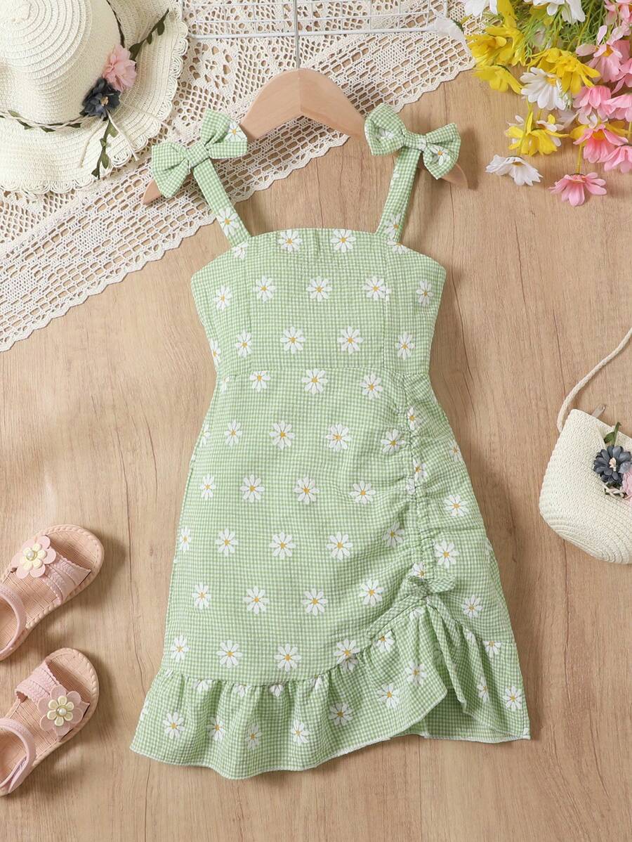 SHEIN Vintaside Kids 年輕女孩藍色休閒吊帶裙，家庭配套服裝（4件分開售賣） - 綠色 - 查看 1