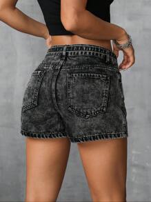 SHEIN ICON 女士純色休閒牛仔短褲 - 黑色 - 查看 2