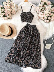 SHEIN Clasi 大尺碼女士逗點花卉度假風後背頸背心和寬松裙子套裝 - 黑色 - 查看 1