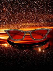 015068863-0007-17077 1 pieza Gafas de ojo de gato con marco rosa, decoración de cristales y strass, de lujo para fiestas y festivales. Lindo y de moda, adecuado para fiestas con temática. (Incluye paño de limpieza) Gafas de novia blancas/Accesorio de boda, San Valentín, para verano, playa, al aire libre, viajes