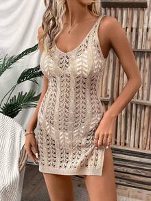SHEIN LUNE Holiday Beach Solid Color Knitted Hollow Out Side Slit See-Through Sweater Dress - Khaki - View 6