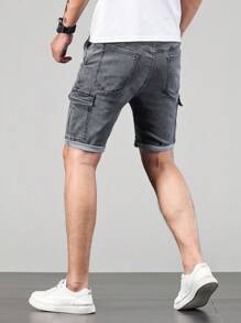 Manfinity Homme Men Cotton Flap Pocket Side Bermuda Denim Shorts Cargo Plain Light Grey Vacation Basic - Grey - View 2