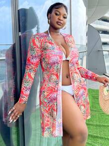 SHEIN Swim Curve Plus Size Casual Printed Kimono Cover Up, Ideal For Beach Vacation Outfits Summer