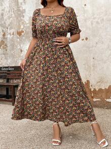 SHEIN LUNE Plus Size Square Neck Floral Print Shirred Summer Short Sleeve Dress - Multicolor - View 8