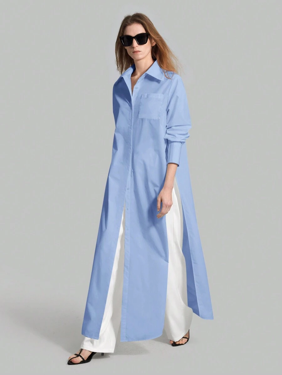 Ontre New 2026 Spring/Summer Women's Casual Loose Vacation Matching Shirt, Blue Long Shirt, Women's Shirt, Women's Button-Up Shirt, Commuting, Summer Business Casual Women's Vacation Beach Birthday Party Outfit, Women's Teacher Outfit, Light Blue Women's Office Wear Modern Urban Casual Fashion Business Casual Women's Office Wear Low-Key Old Money Style Effortless Temperament High-End Urban Commuting High-Quality Airport Women's Wear High-End Material - Blue - View 1