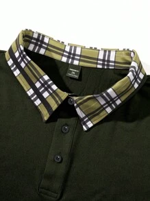 Manfinity Homme Men's Casual Plaid Patchwork Short Sleeve Polo Shirt, Summer