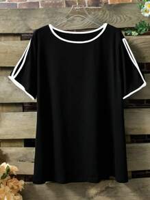 大尺碼女士夏季鬆身2入組套裝，圓領露肩短袖上衣和寬腿褲配腰部打結裝飾 - 黑與白 - 查看 7