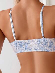Women's Summer Beach Floral Print Wraparound Sexy Bikini Set, Random Print - Blue and White - View 3