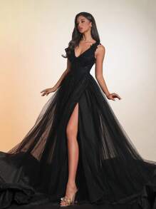 VIPGIRL 优雅黑色亮片透视A字V领高开衩露背连衣裙，适合女性出席舞会、派对、婚礼、毕业典礼和正式晚宴等春季场合。 - 黑色 - 查看 4