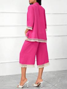 SHEIN Lady Bohemian Style Fringe Decorated Pink Kimono Coat And Pants Set - Watermelon Pink - View 2