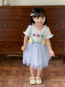 SHEIN 2入組嬰幼女童可愛蕾絲心形T恤和紗裙吊帶裝，適用於春夏季 - 藍色 - 查看 1