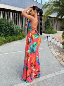 SHEIN SXY Vestido largo y sexy para mujer con tirantes, corte de abertura, lazo y estampado de hojas rojas