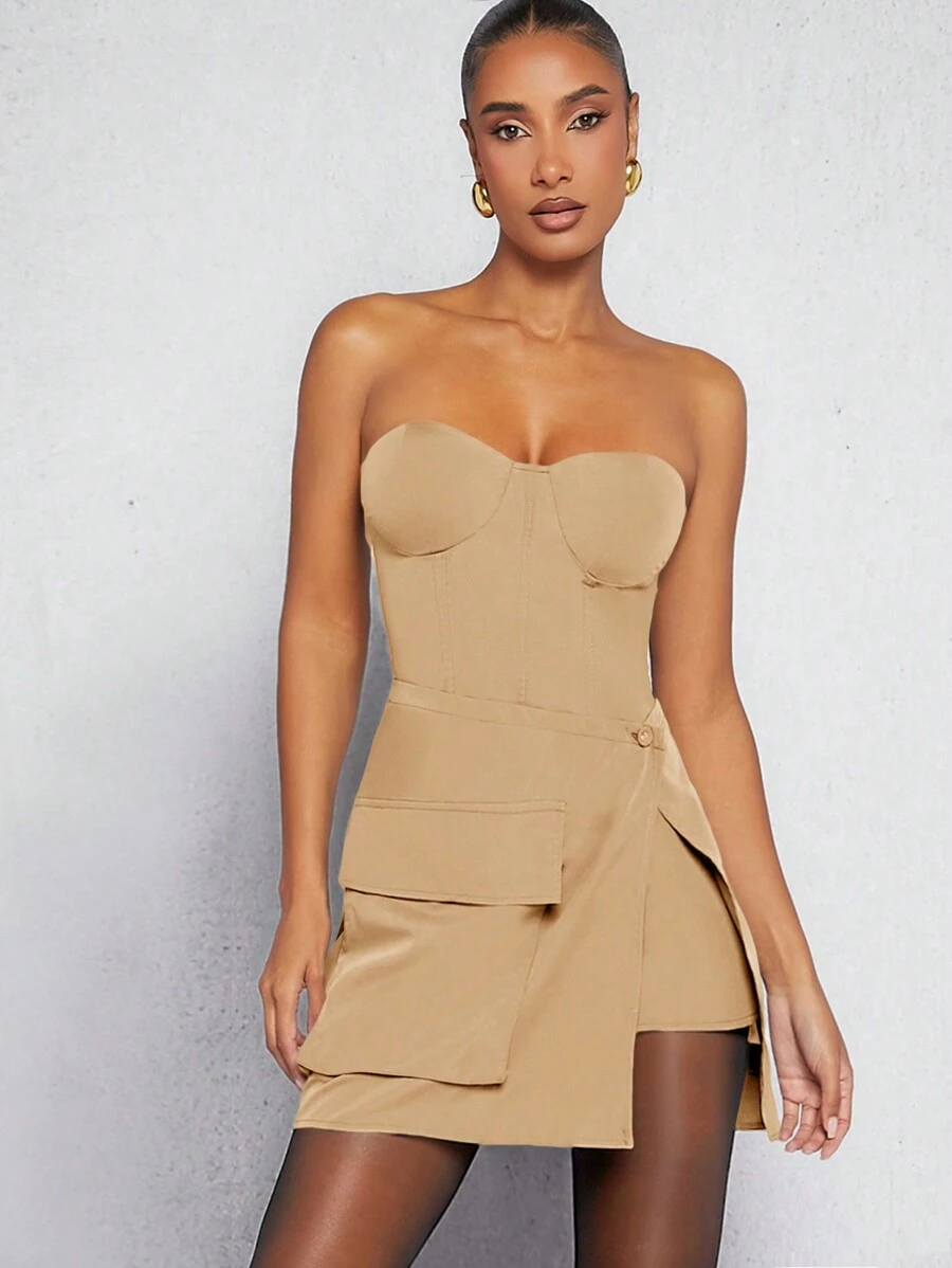Hauture Bustier Flap Pocket Wrap Hem Dress