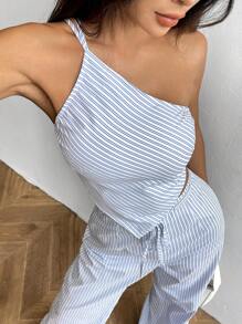 Flirla 女式条纹印花简约不对称日常上衣 - 白色 - 查看 1