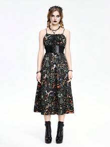 ROMWE Goth Vestido corte evasé de tirantes finos con estampado de serpiente y plantas, para verano oscuro estilo gótico - Negro - Ver 1