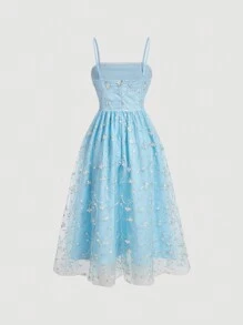 SHEIN MOD Women's Elegant Floral Embroidery Net Yarn Spaghetti Strap Dress For Summer