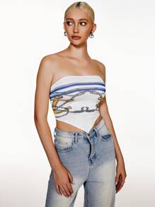 Flirla Women's Summer Fashion Striped Color Block Anchor & Floral Print Crisscross Backless Bandeau Top