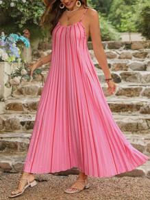 SHEIN VCAY 夏季女性假期印花細肩帶無背心長A字裙，褶皺設計 - 粉色 - 查看 5