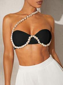 Hauture Pearls Beaded Strap Cross Crop Top - Black - View 4