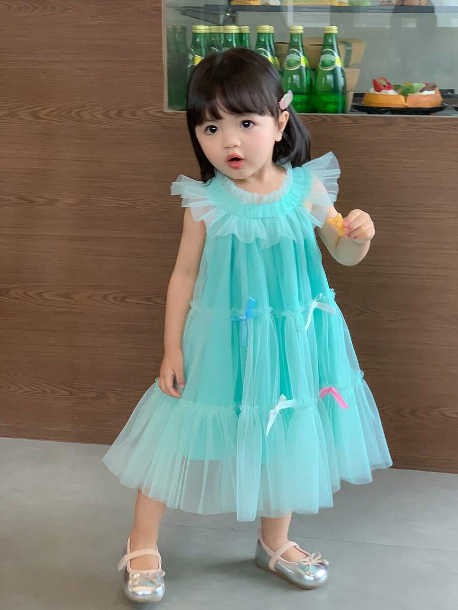 Baby Girls' Lake Blue Layered Mesh Tutu Dress With Heavy Embroidery Neckline, Perfect For Parties And Holidays - Mint Blue - View 1