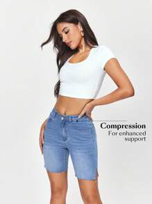 SHEIN EZwear 實色修身牛仔短褲，附帶口袋和側開衩，夏季休閒款 - 中等水洗藍 - 查看 5