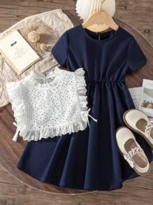 Little Girls' Burnt-Out Lace Trimmed Simple Top And Short Sleeve Dress 2pcs/Set - Blue - View 2
